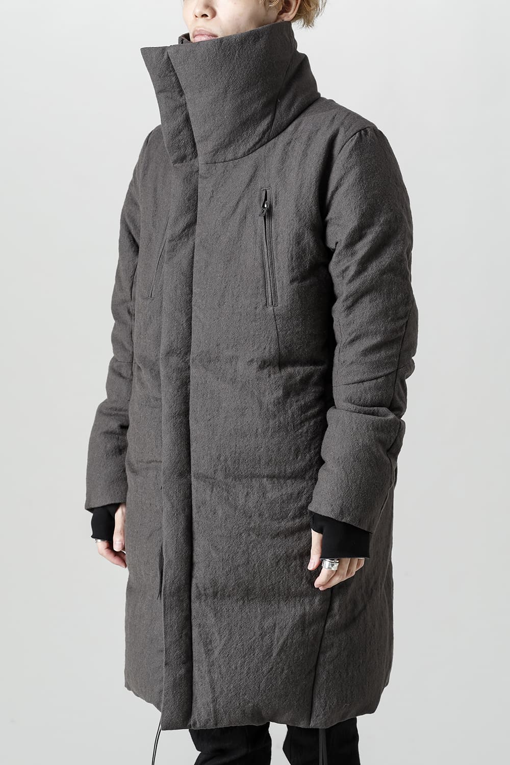 Wool x Linen High-Neck Long Down Coat CHARCOAL