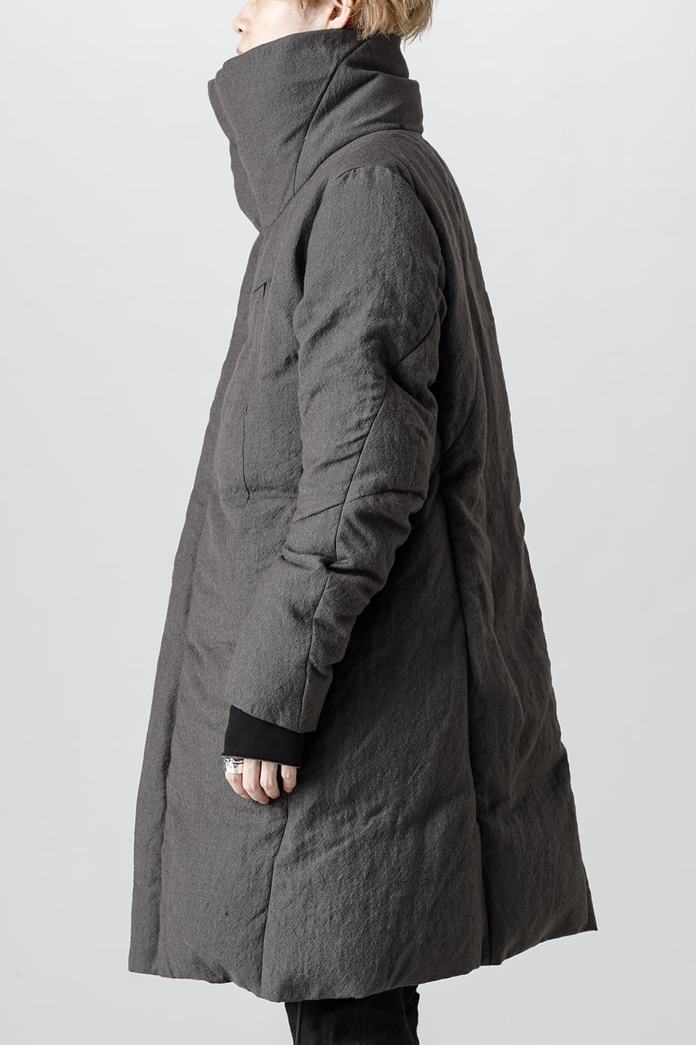 Wool x Linen High-Neck Long Down Coat CHARCOAL