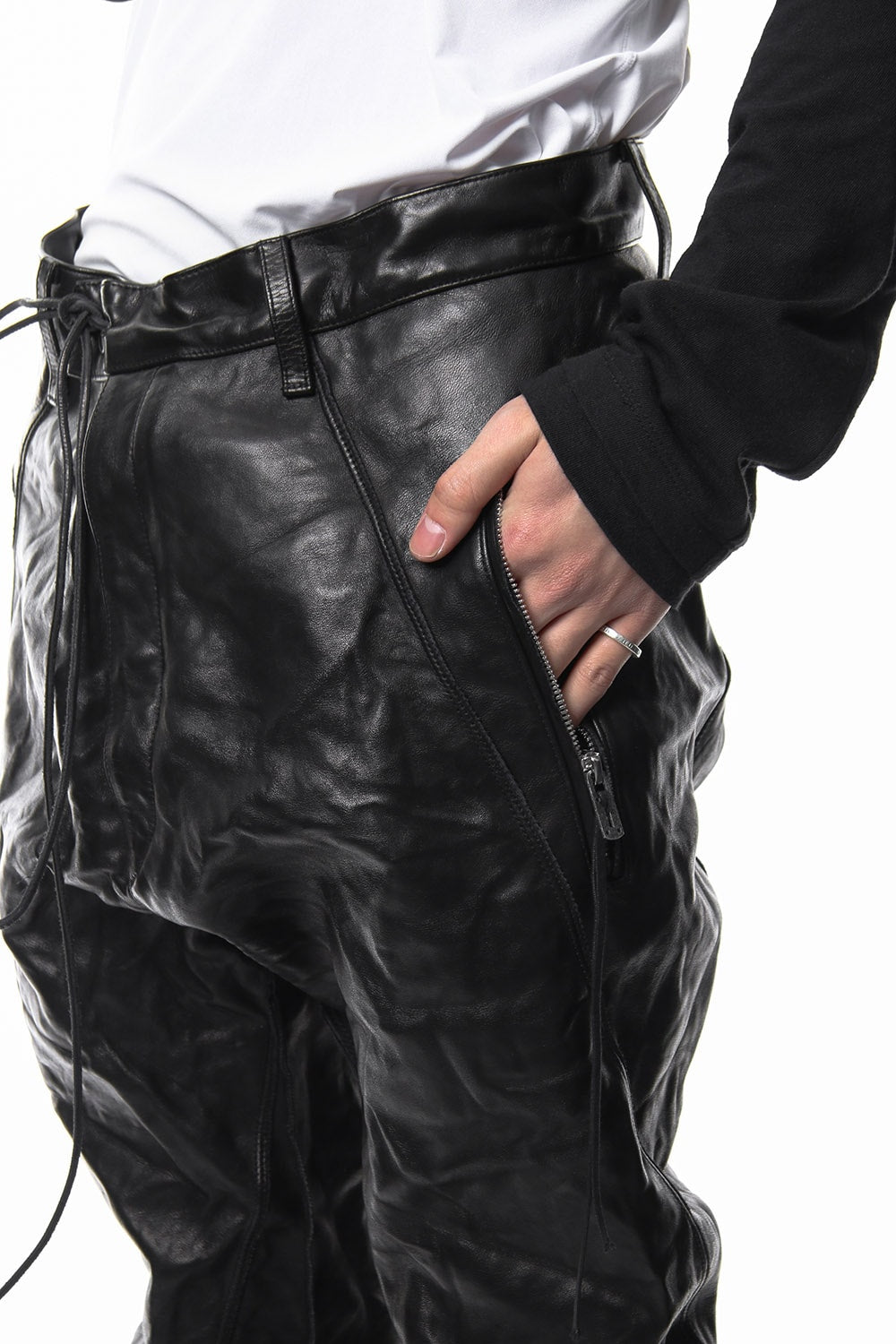 Washable bonding leather drop crotch pants