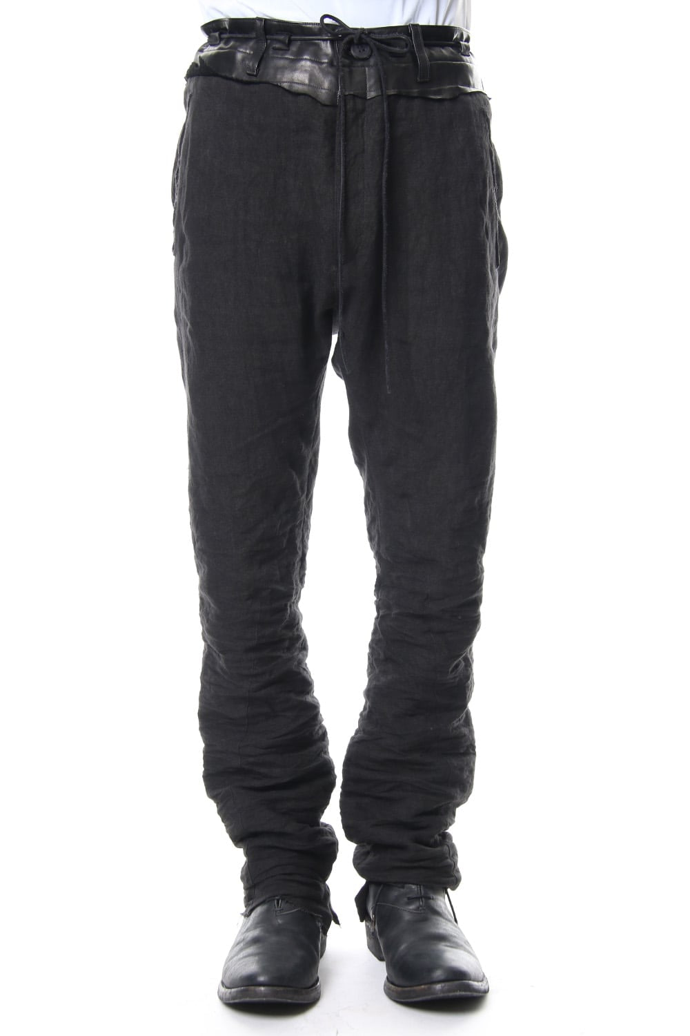 Rough leather × linen drop-crotch slim pants - ST107-0029S