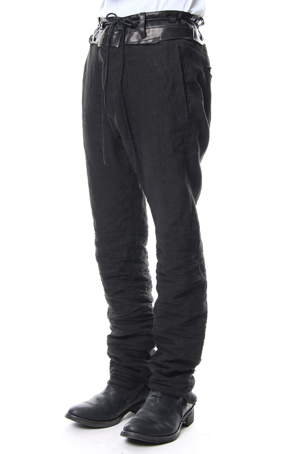 Rough leather × linen drop-crotch slim pants - ST107-0029S