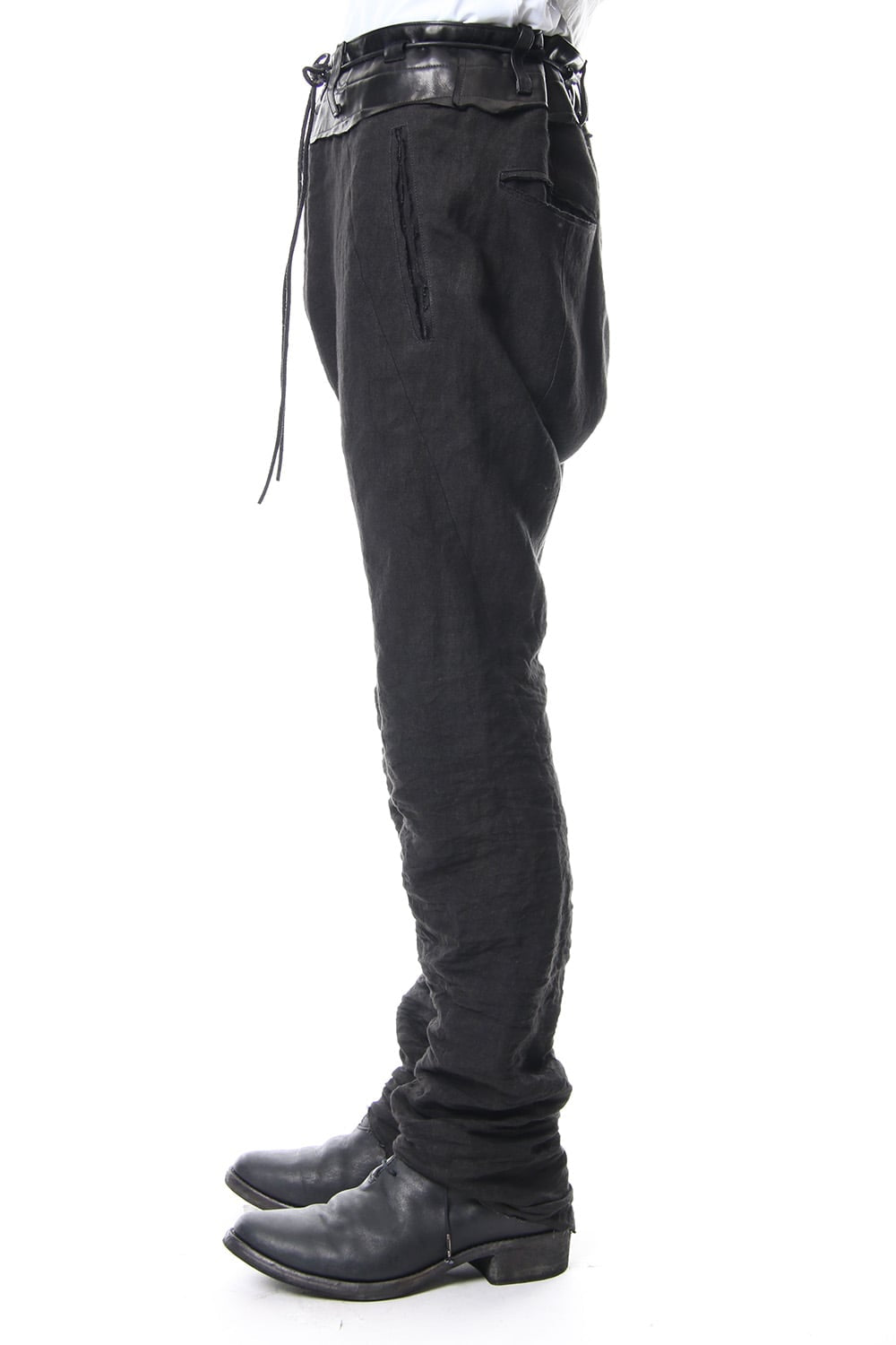 Rough leather × linen drop-crotch slim pants - ST107-0029S