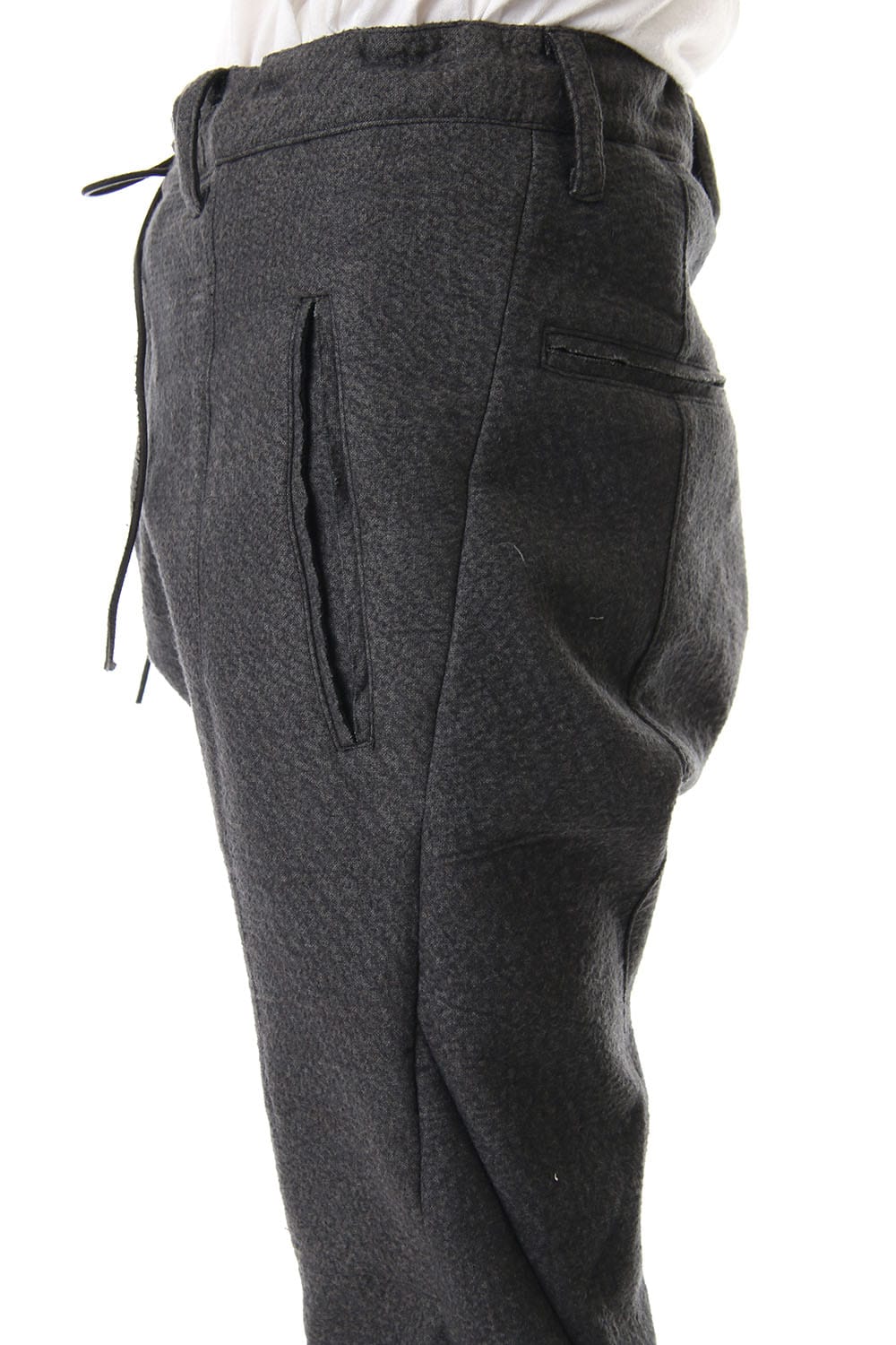 Hand Dyed Linen ×  Freece Needle Punch  Drop Crotch Slim Pants Charcoal - ST107-0039A