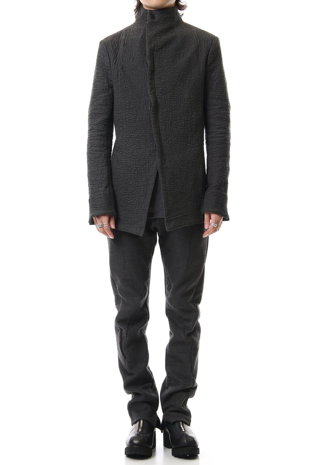 Hand Dyed Linen ×  Freece Needle Punch  Drop Crotch Slim Pants Charcoal - ST107-0039A