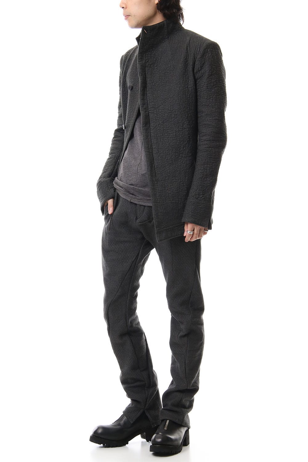 Hand Dyed Linen ×  Freece Needle Punch  Drop Crotch Slim Pants Charcoal - ST107-0039A