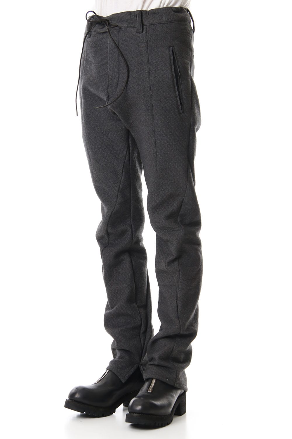 Hand Dyed Linen ×  Freece Needle Punch  Drop Crotch Slim Pants Charcoal - ST107-0039A