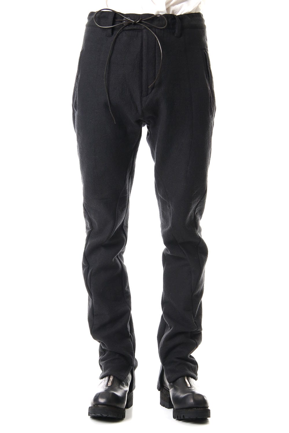 Hand Dyed Linen ×  Freece Needle Punch  Drop Crotch Slim Pants Black- ST107-0039A