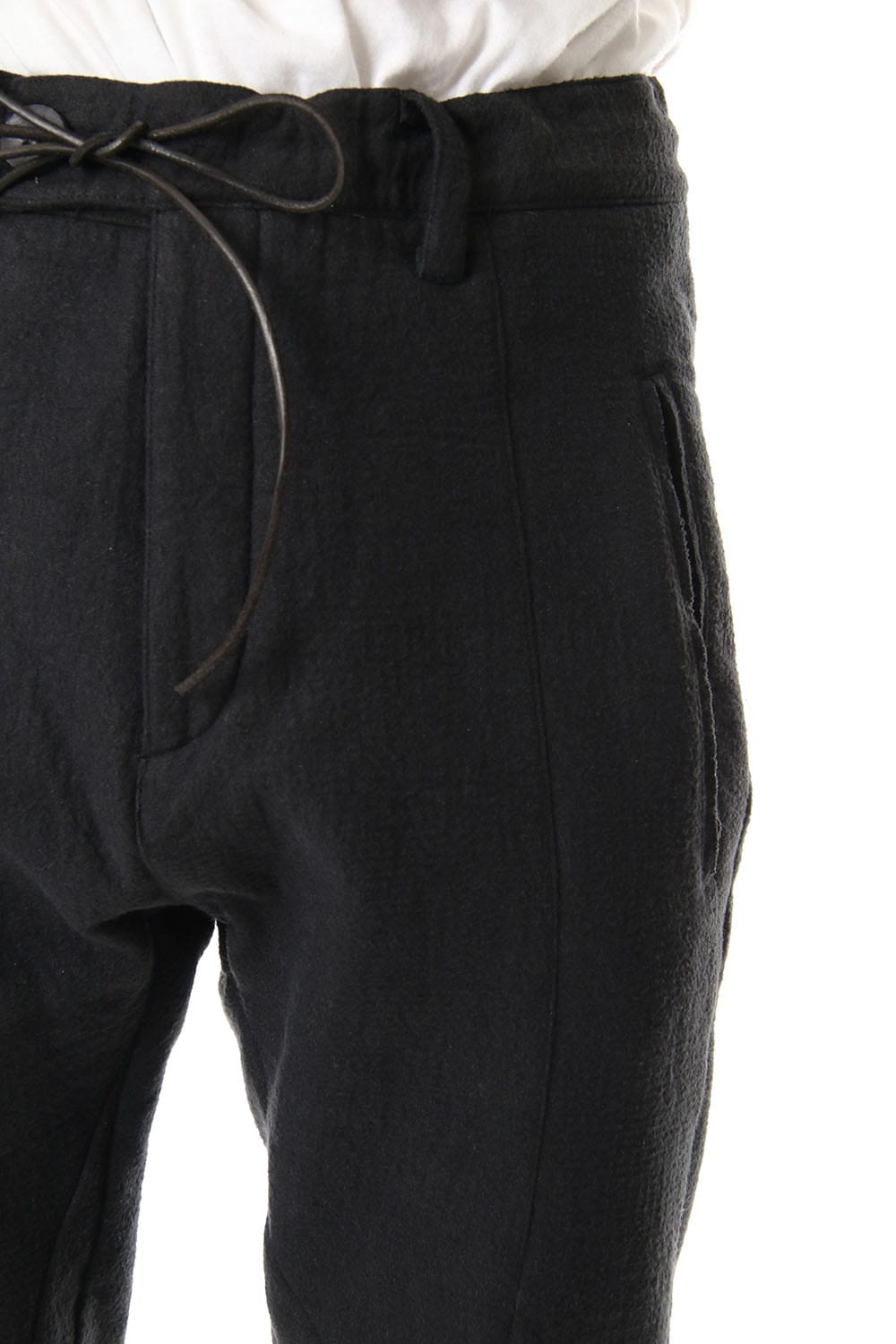 Hand Dyed Linen ×  Freece Needle Punch  Drop Crotch Slim Pants Black- ST107-0039A