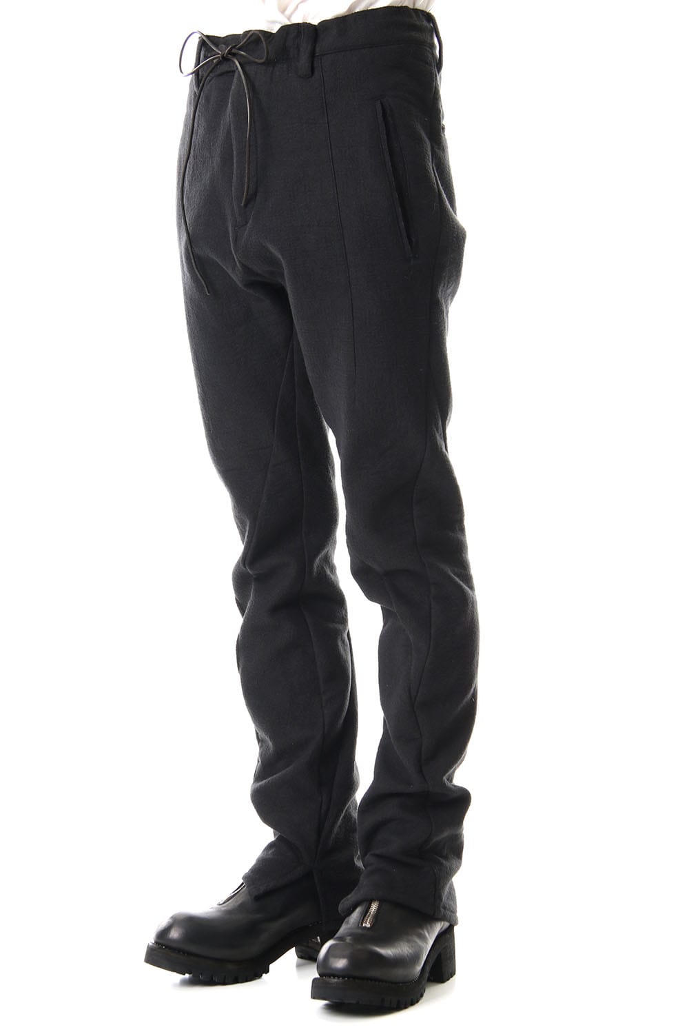 Hand Dyed Linen ×  Freece Needle Punch  Drop Crotch Slim Pants Black- ST107-0039A