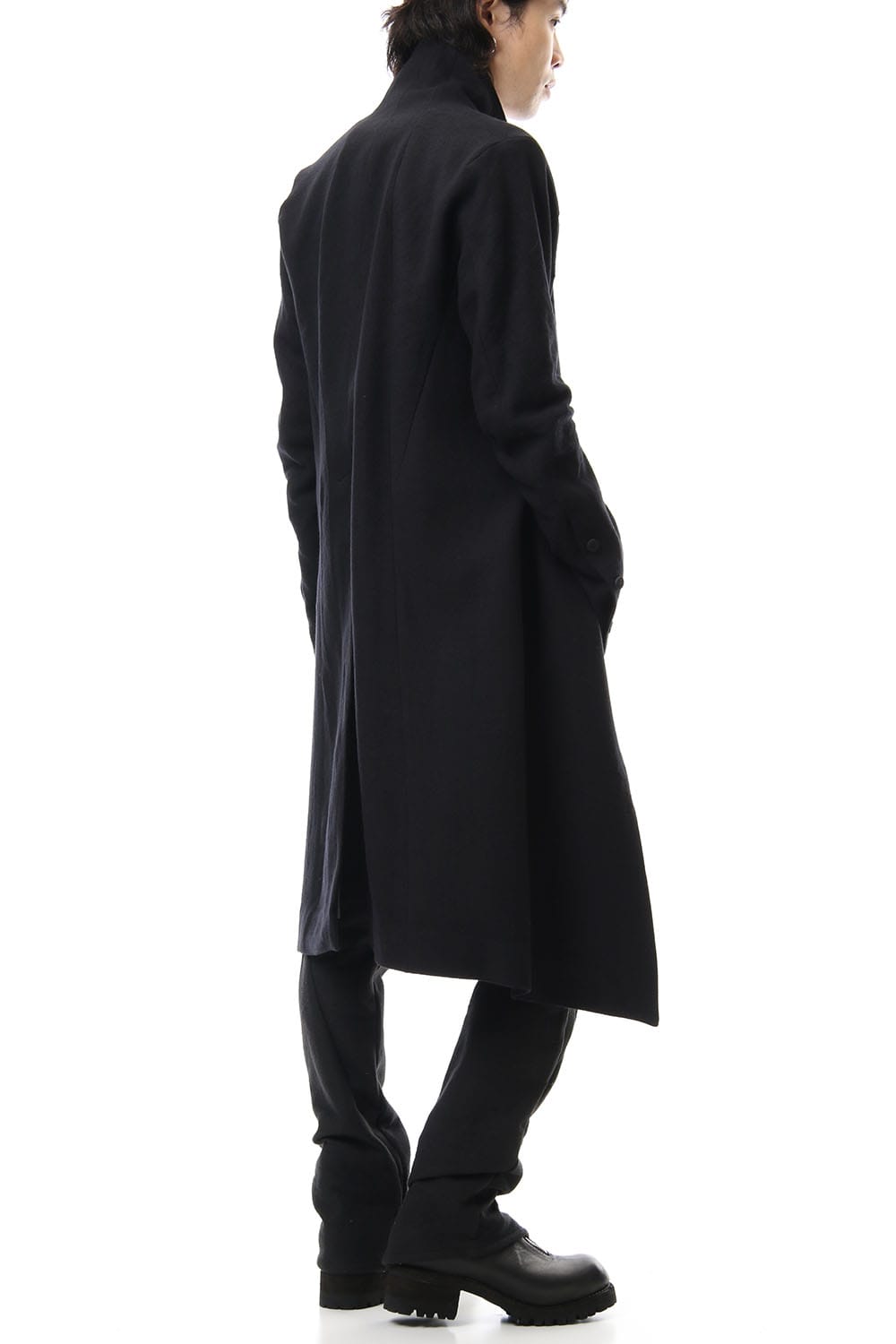 Hand Dyed Linen ×  Freece Needle Punch  Drop Crotch Slim Pants Black- ST107-0039A