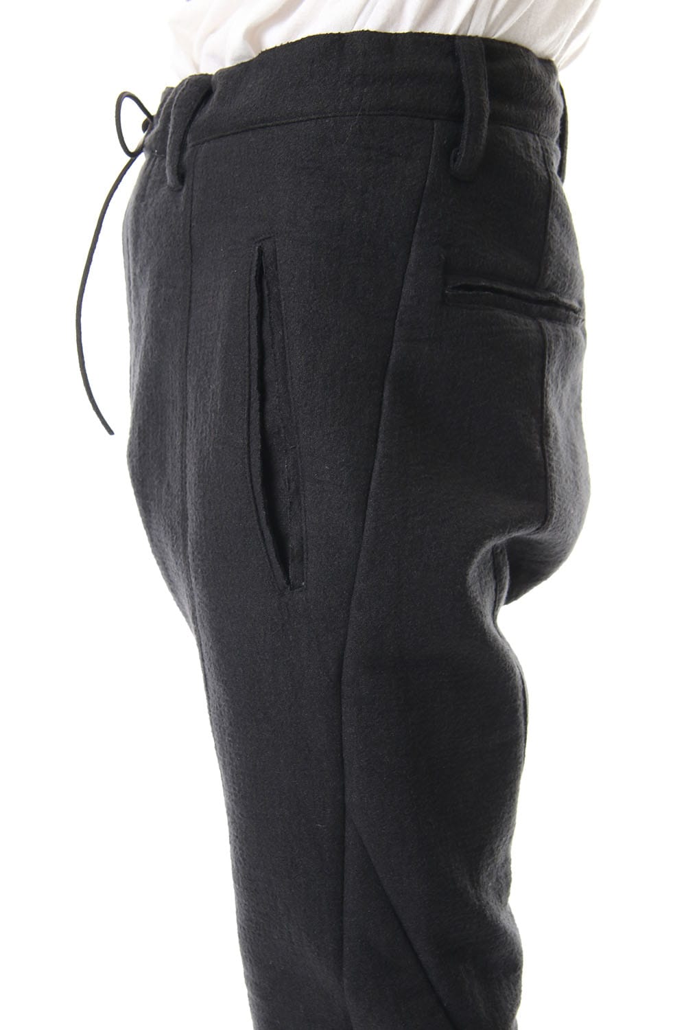 Hand Dyed Linen ×  Freece Needle Punch  Drop Crotch Slim Pants Black- ST107-0039A