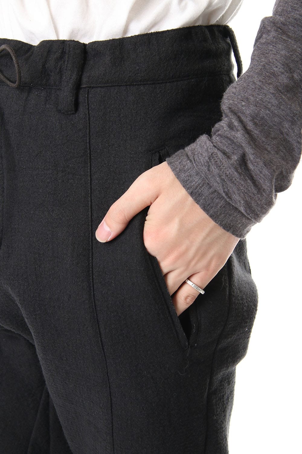 Hand Dyed Linen ×  Freece Needle Punch  Drop Crotch Slim Pants Black- ST107-0039A