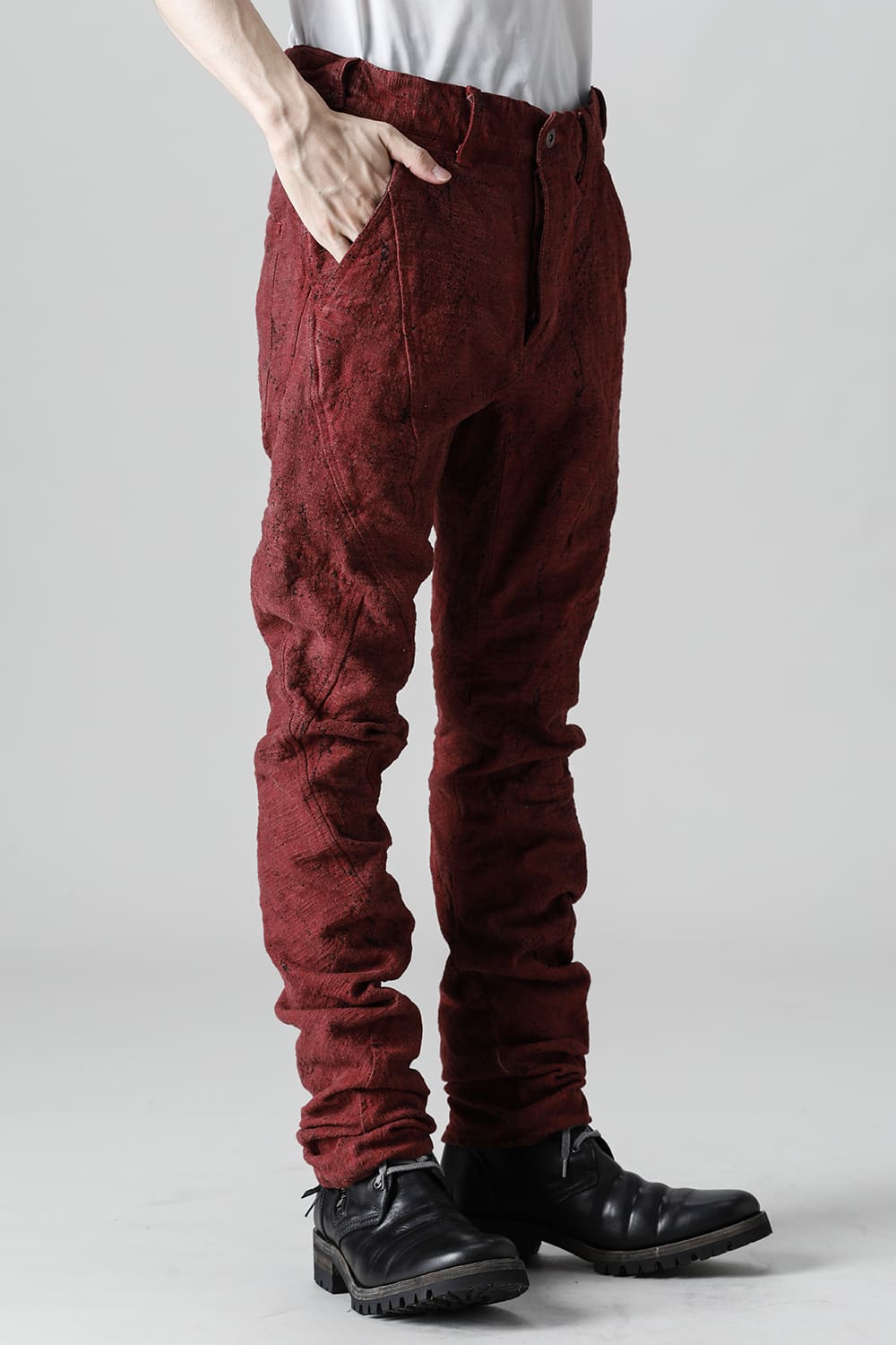 Slub Jacquard Denim Cold Dye Twisted Slim Pants Red