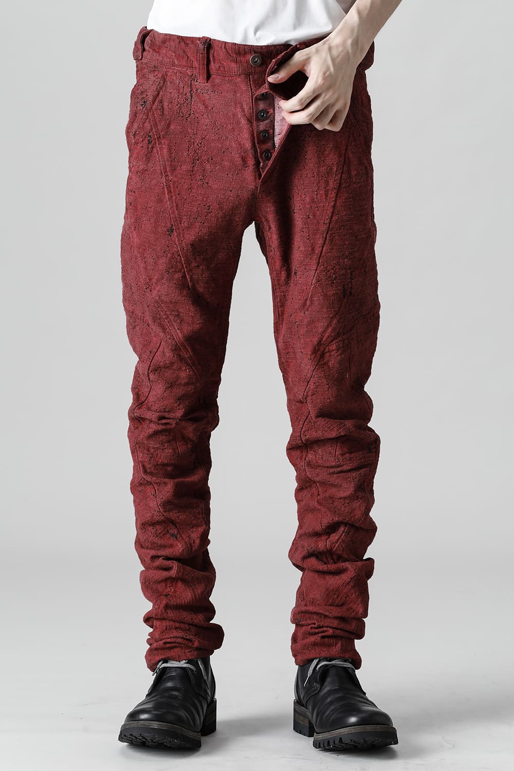 Slub Jacquard Denim Cold Dye Twisted Slim Pants Red