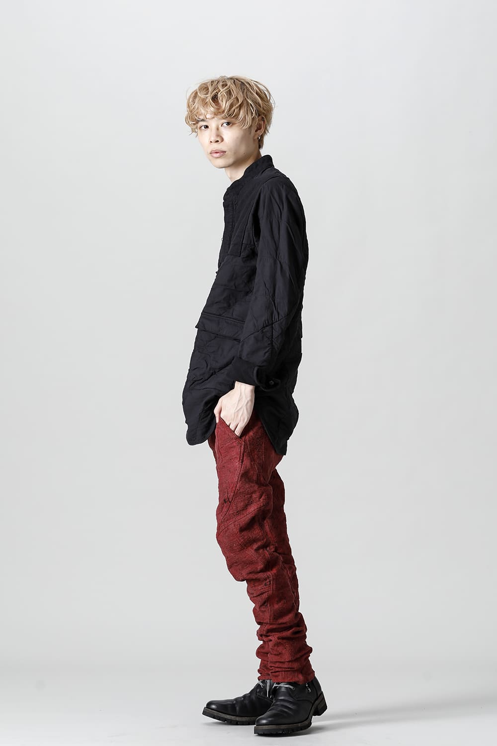 Slub Jacquard Denim Cold Dye Twisted Slim Pants Red