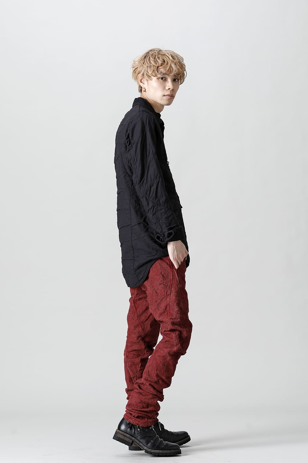 Slub Jacquard Denim Cold Dye Twisted Slim Pants Red