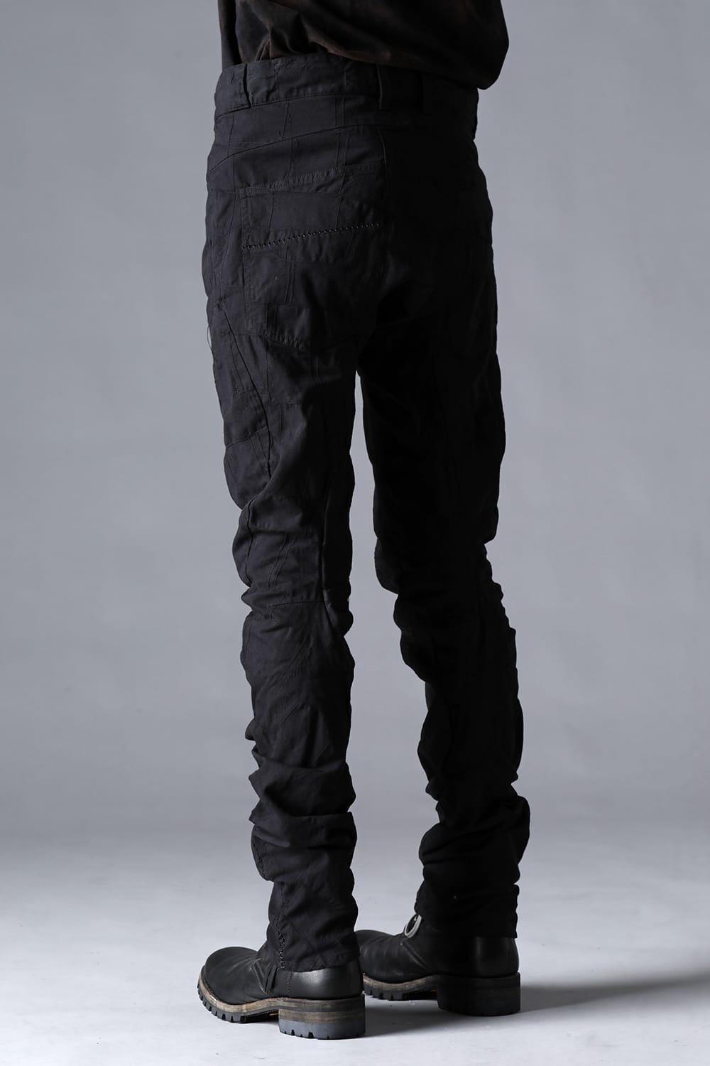 SCAB Patchwork Jagged Stretch Cotton Overlock Twisted Curved Slim Pants Black Black Stitch