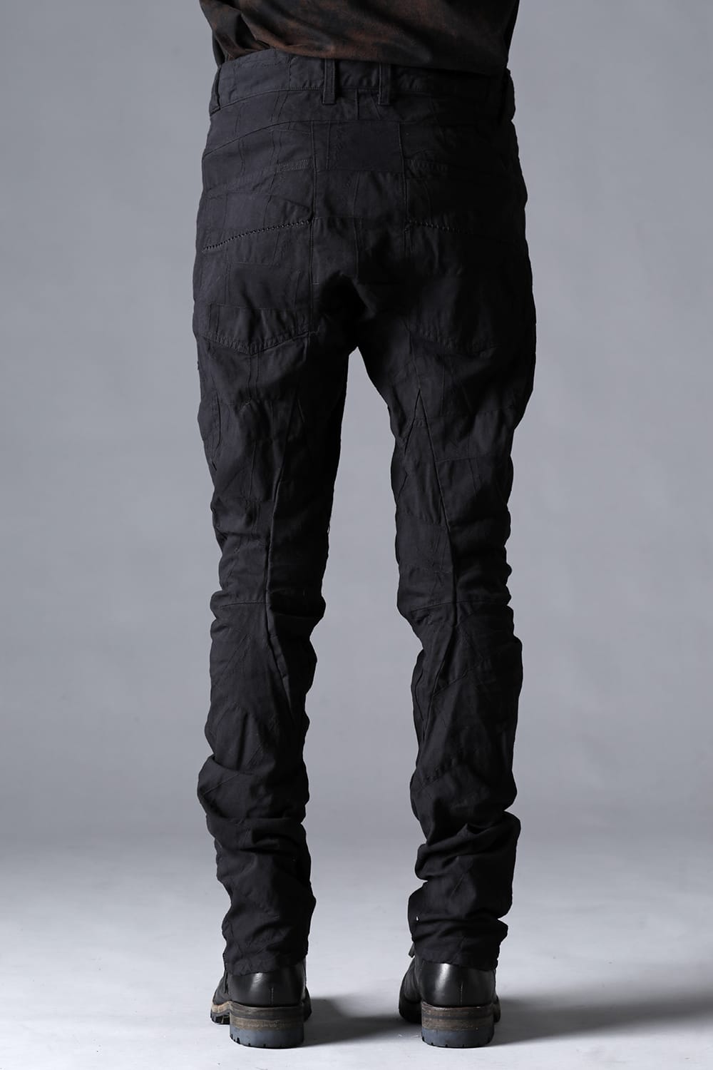 SCAB Patchwork Jagged Stretch Cotton Overlock Twisted Curved Slim Pants Black Black Stitch