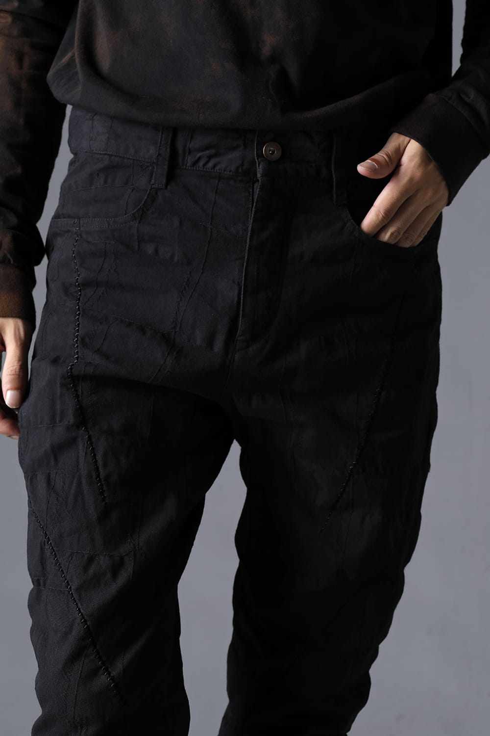 SCAB Patchwork Jagged Stretch Cotton Overlock Twisted Curved Slim Pants Black Black Stitch