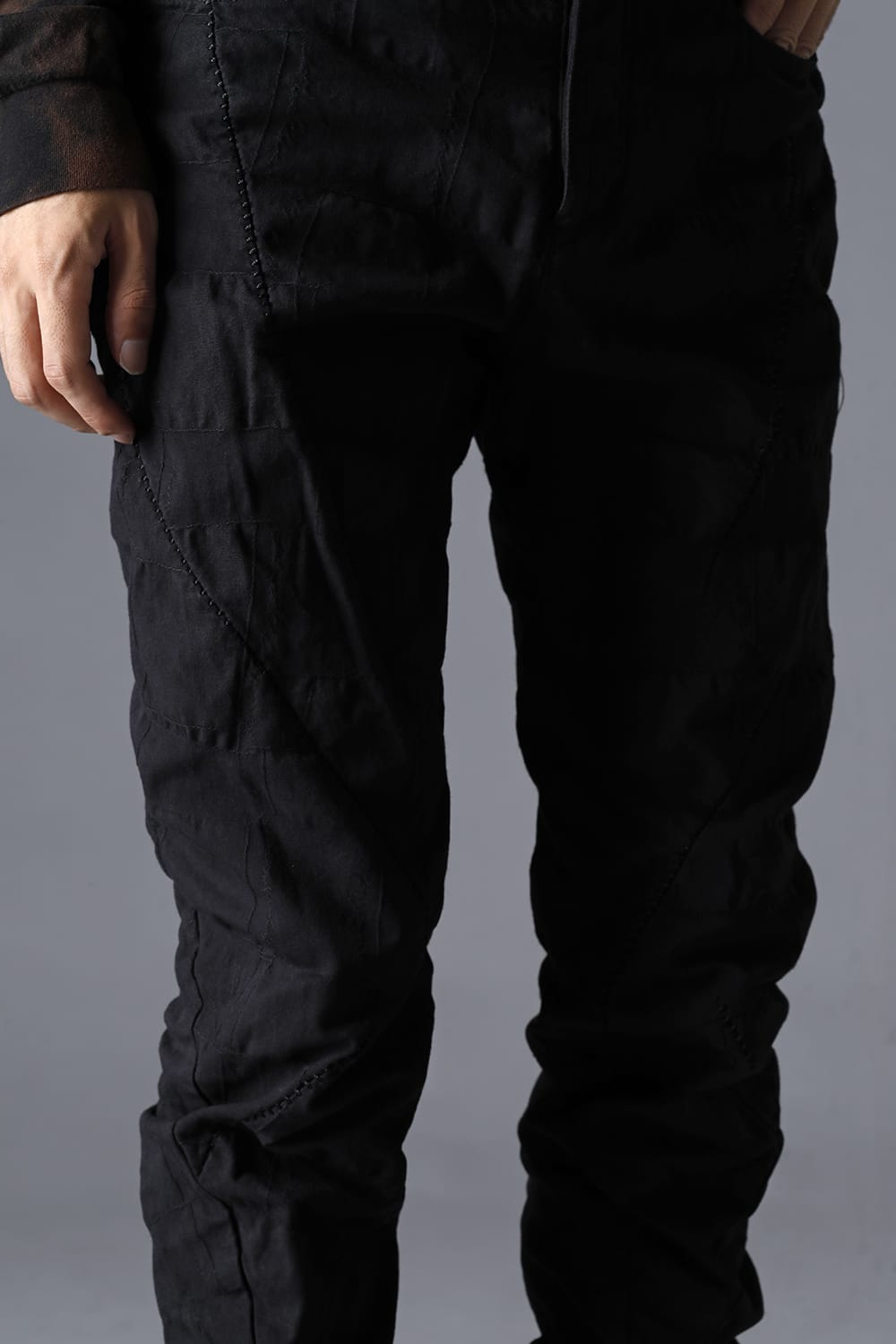 SCAB Patchwork Jagged Stretch Cotton Overlock Twisted Curved Slim Pants Black Black Stitch