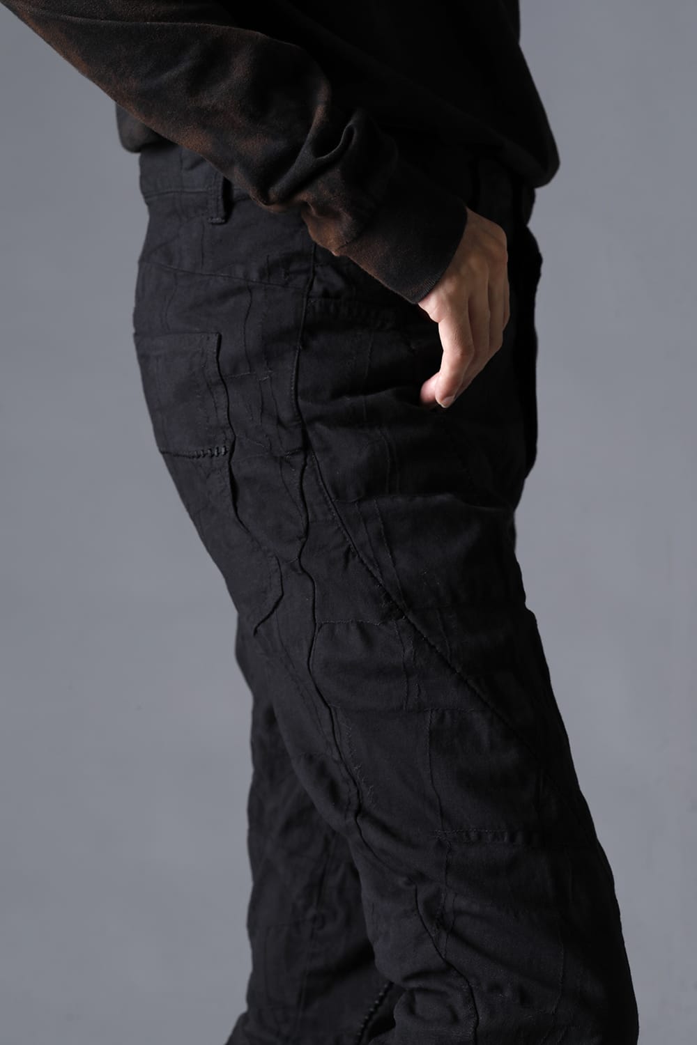 SCAB Patchwork Jagged Stretch Cotton Overlock Twisted Curved Slim Pants Black Black Stitch