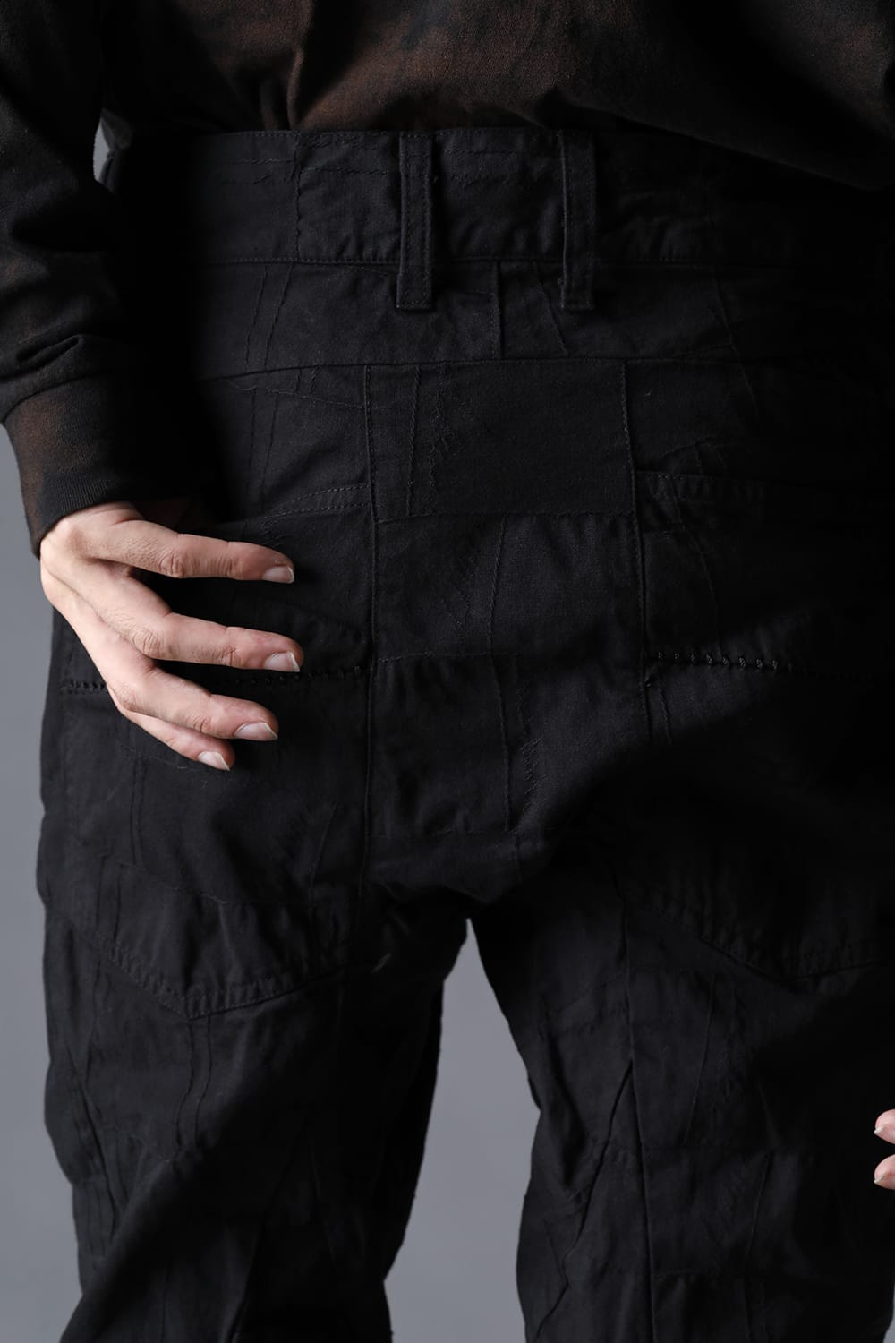 SCAB Patchwork Jagged Stretch Cotton Overlock Twisted Curved Slim Pants Black Black Stitch