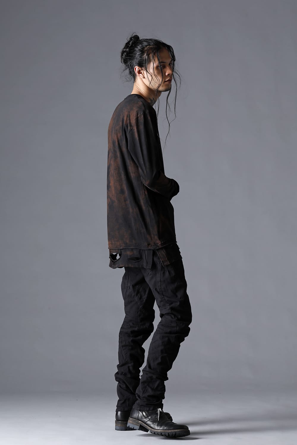 SCAB Patchwork Jagged Stretch Cotton Overlock Twisted Curved Slim Pants Black Black Stitch