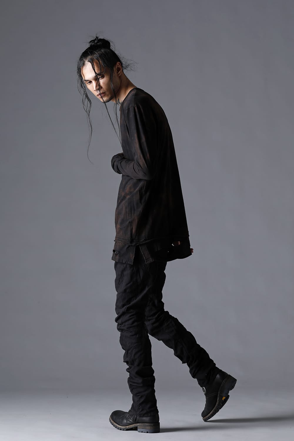 SCAB Patchwork Jagged Stretch Cotton Overlock Twisted Curved Slim Pants Black Black Stitch