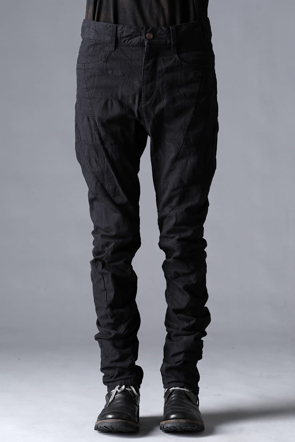 SCAB Patchwork Jagged Stretch Cotton Overlock Twisted Curved Slim Pants Black Black Stitch