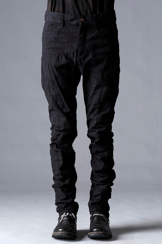 SCAB Patchwork Jagged Stretch Cotton Overlock Twisted Curved Slim Pants Black Black Stitch