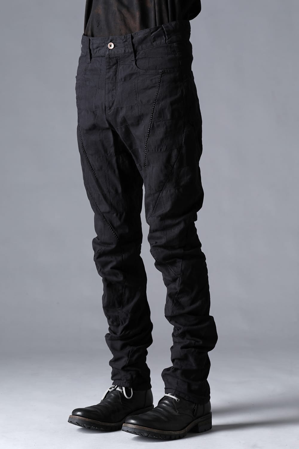 SCAB Patchwork Jagged Stretch Cotton Overlock Twisted Curved Slim Pants Black Black Stitch