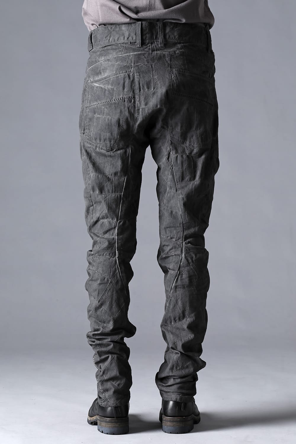 SCAB Patchwork Jagged Stretch Cotton Overlock Twisted Curved Slim Pants Dust Black Stitch