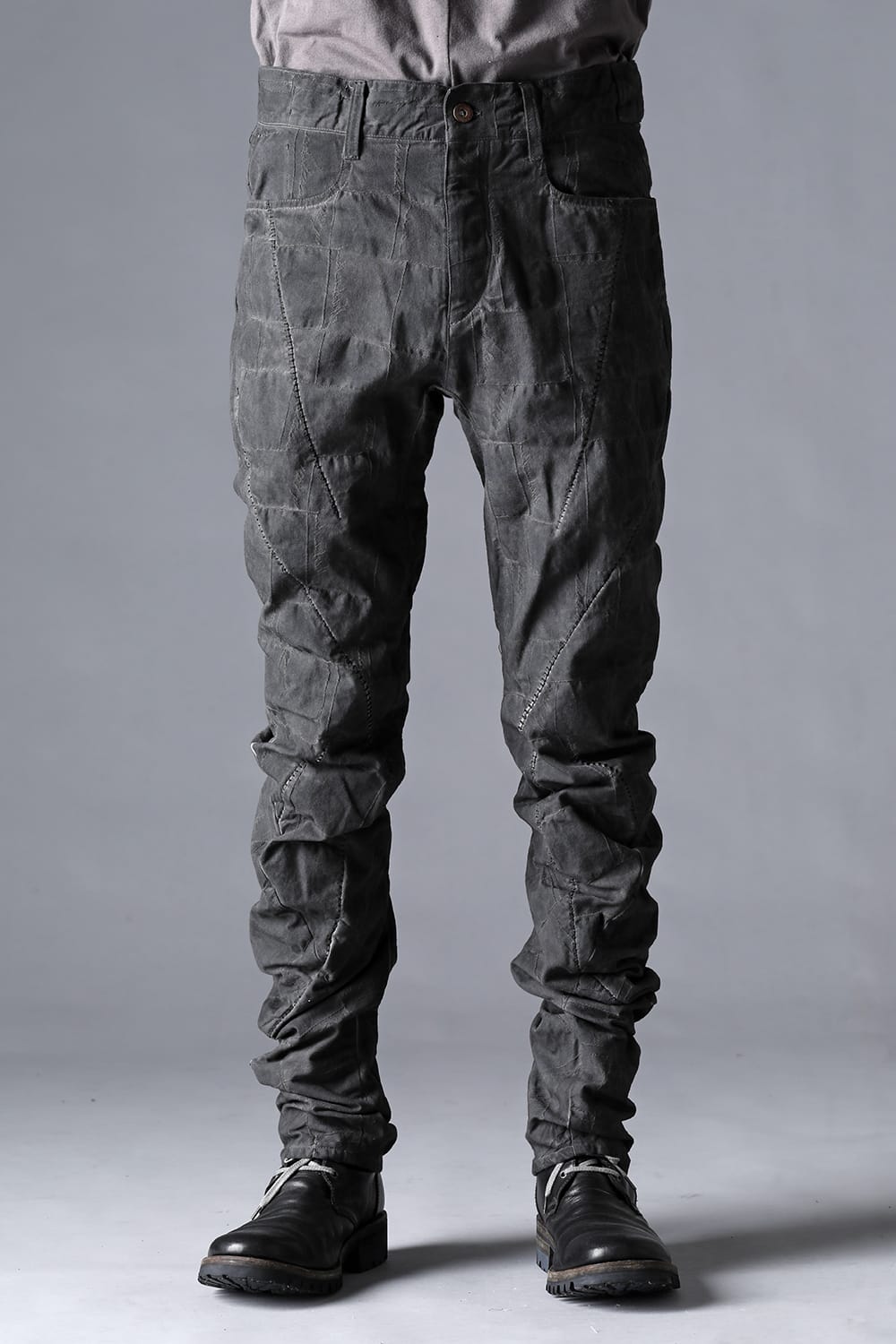 SCAB Patchwork Jagged Stretch Cotton Overlock Twisted Curved Slim Pants Dust Black Stitch