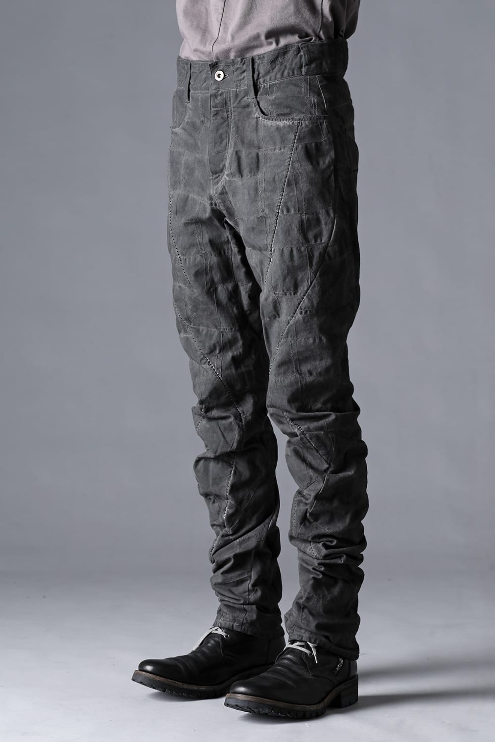 SCAB Patchwork Jagged Stretch Cotton Overlock Twisted Curved Slim Pants Dust Black Stitch