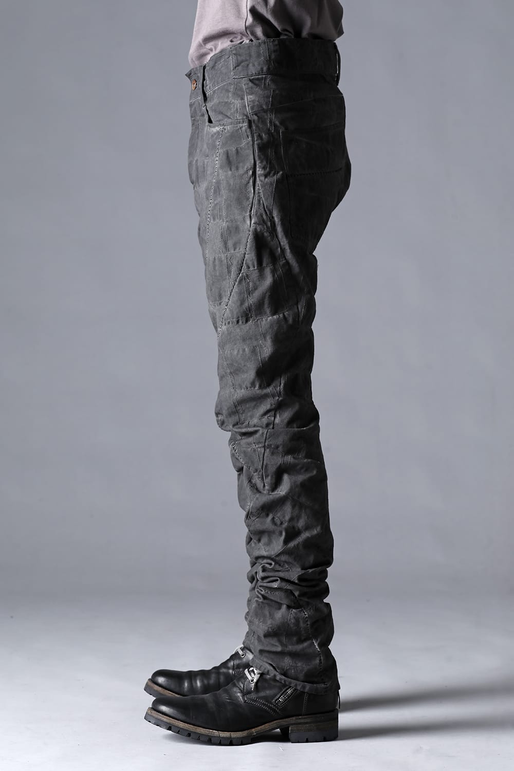 SCAB Patchwork Jagged Stretch Cotton Overlock Twisted Curved Slim Pants Dust Black Stitch