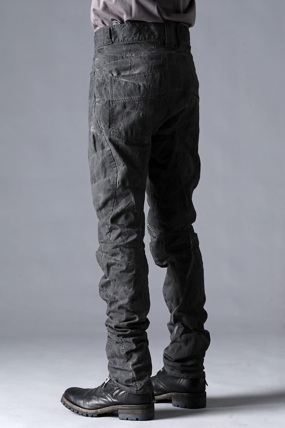 SCAB Patchwork Jagged Stretch Cotton Overlock Twisted Curved Slim Pants Dust Black Stitch