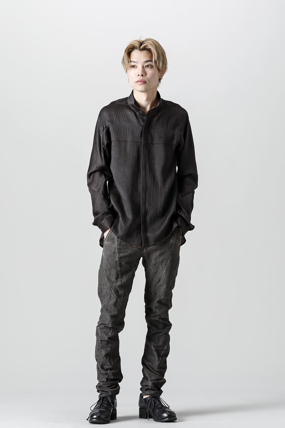 Random Dimple Stretch Cotton×LinenTwisted Curve Slim Pants  Charcoal