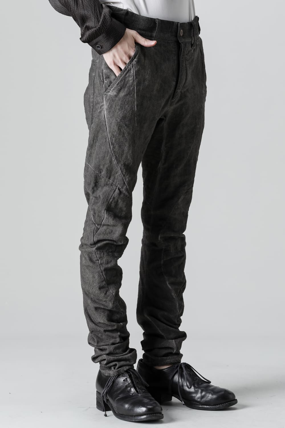 Random Dimple Stretch Cotton×LinenTwisted Curve Slim Pants  Charcoal