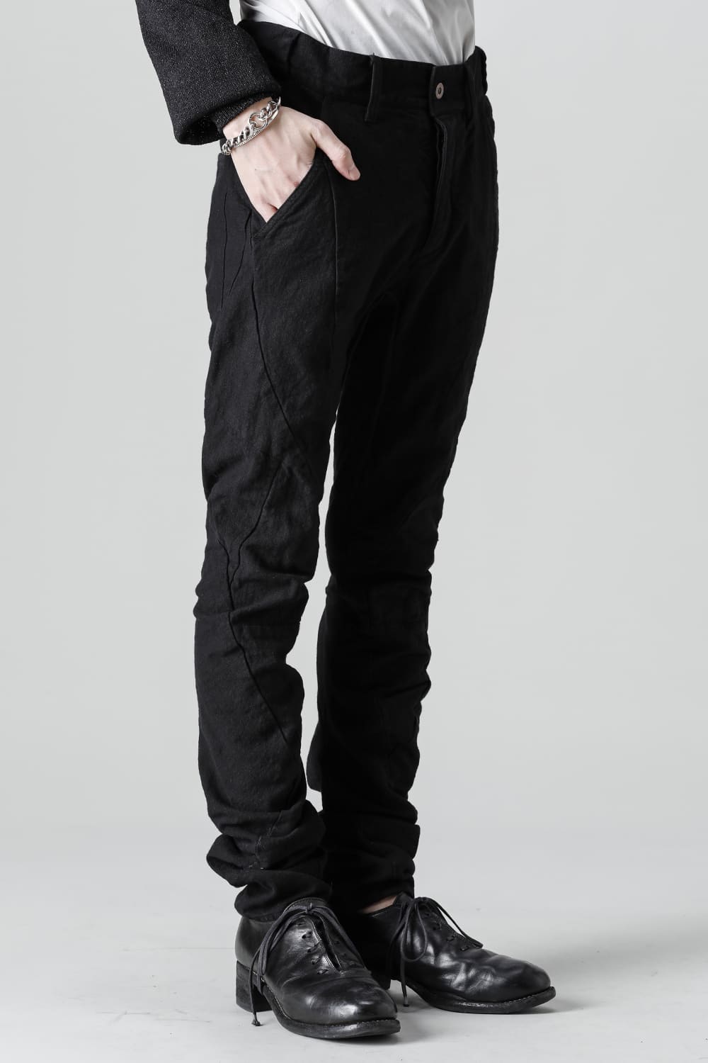 Random Dimple Stretch Cotton×LinenTwisted Curve Slim Pants  Black