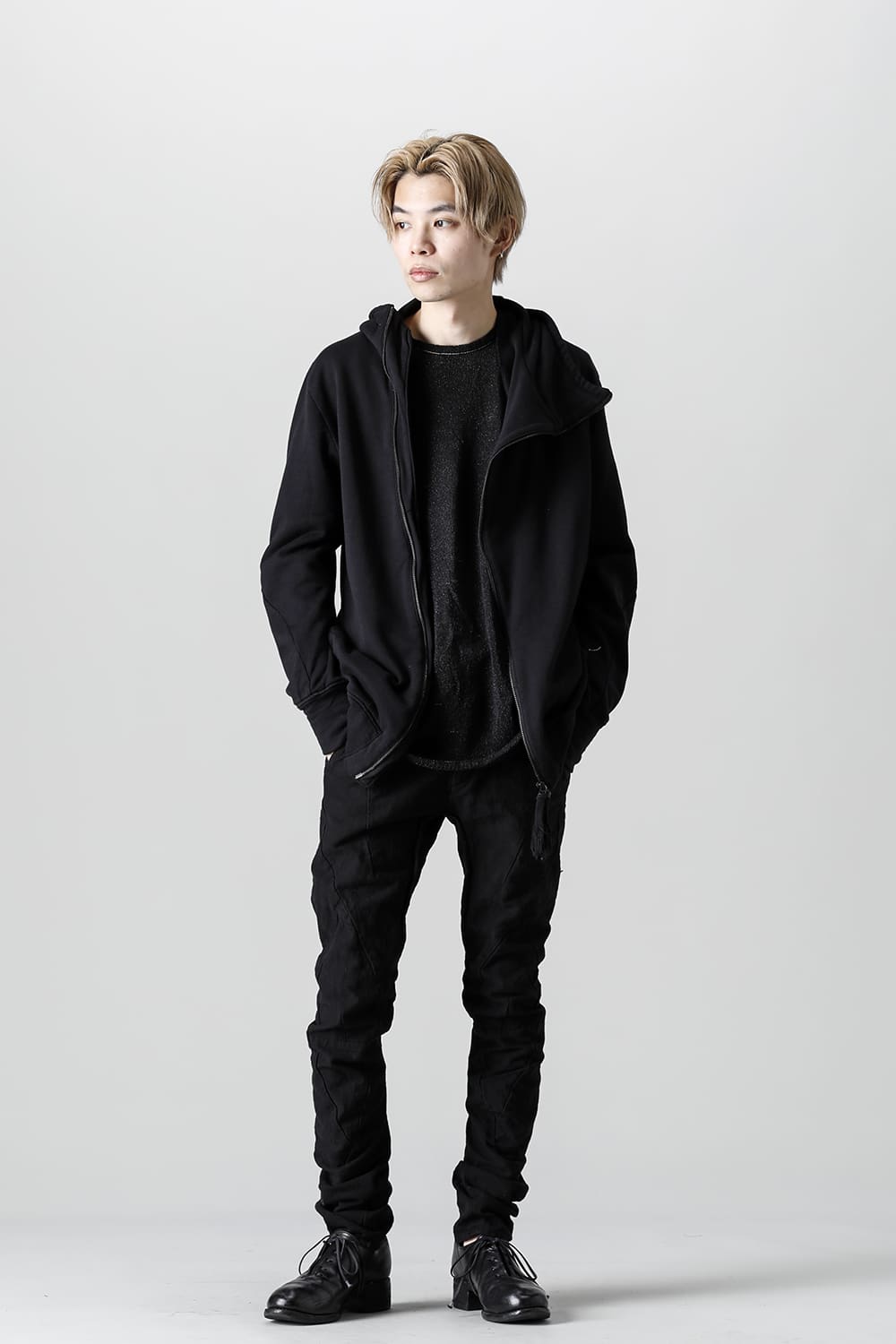 Random Dimple Stretch Cotton×LinenTwisted Curve Slim Pants  Black