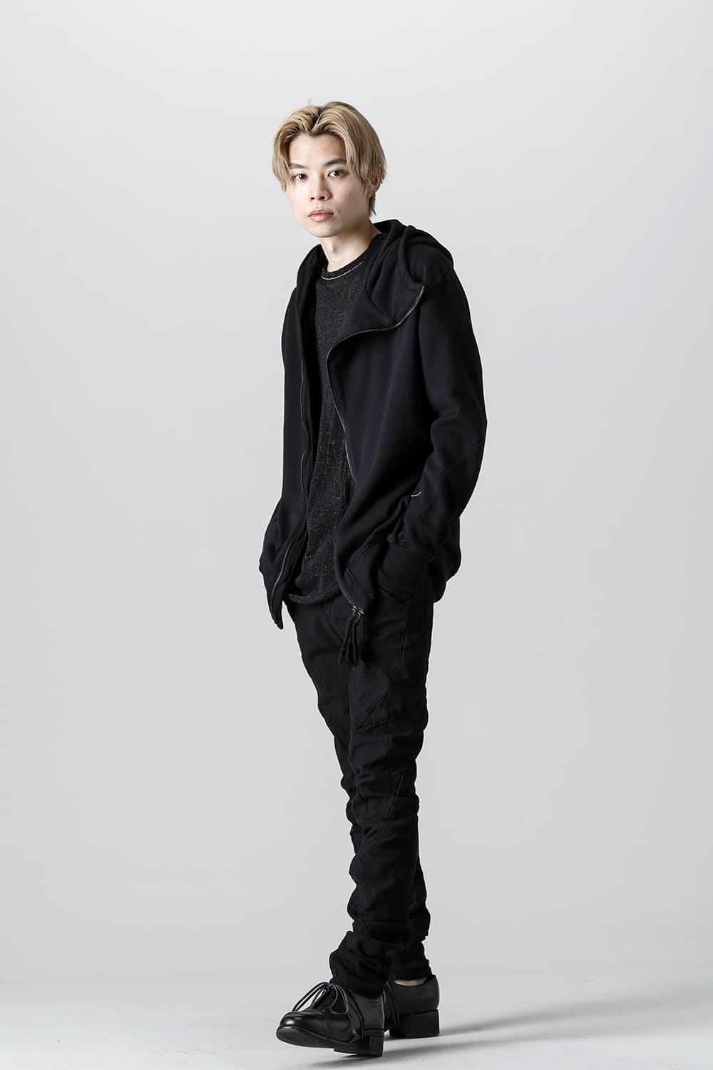 Random Dimple Stretch Cotton×LinenTwisted Curve Slim Pants  Black