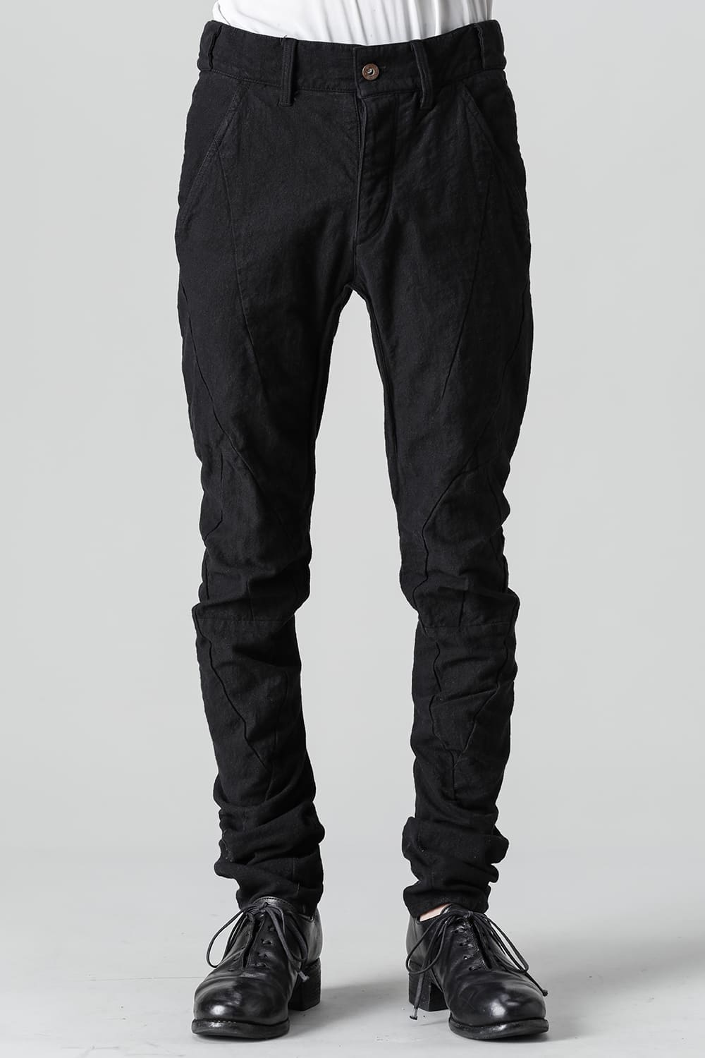 Random Dimple Stretch Cotton×LinenTwisted Curve Slim Pants  Black