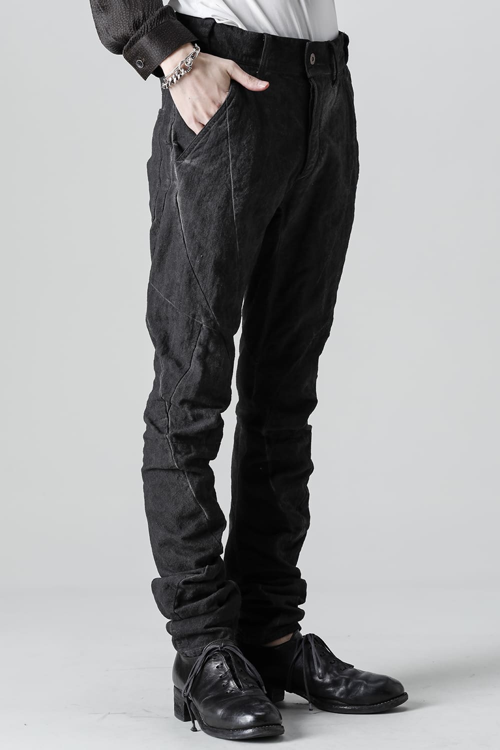 コットン×リネンランダムディンプルストレッチツイストカーブスリムパンツ  マッドブラウン