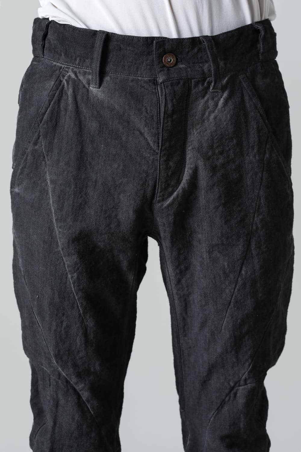 コットン×リネンランダムディンプルストレッチツイストカーブスリムパンツ  マッドブラウン