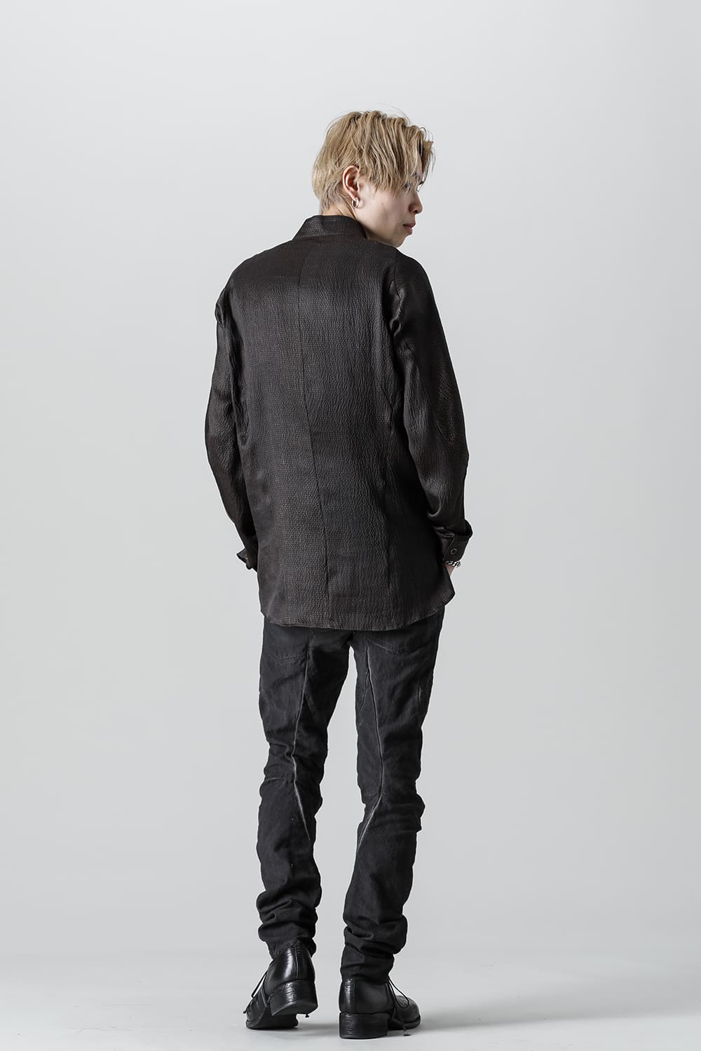 コットン×リネンランダムディンプルストレッチツイストカーブスリムパンツ  マッドブラウン