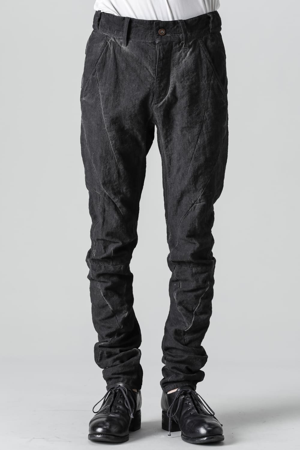 コットン×リネンランダムディンプルストレッチツイストカーブスリムパンツ  マッドブラウン