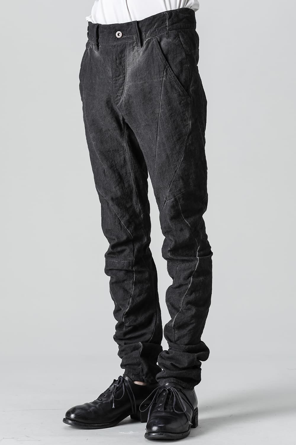 コットン×リネンランダムディンプルストレッチツイストカーブスリムパンツ  マッドブラウン