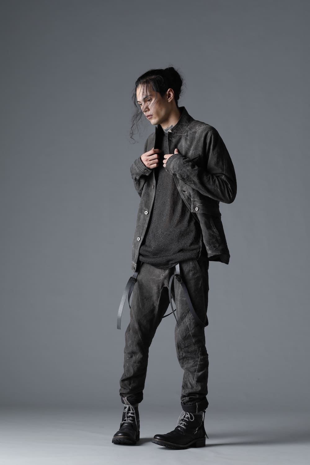 Random Dimple Stretch Cotton×LinenTwisted Curve Slim Pants  Charcoal