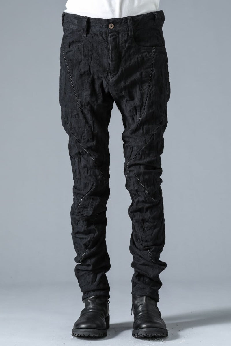 SCAB Patchwork Jacquard Stretch Cotton Overlock Twisted Curved Slim Pants Black