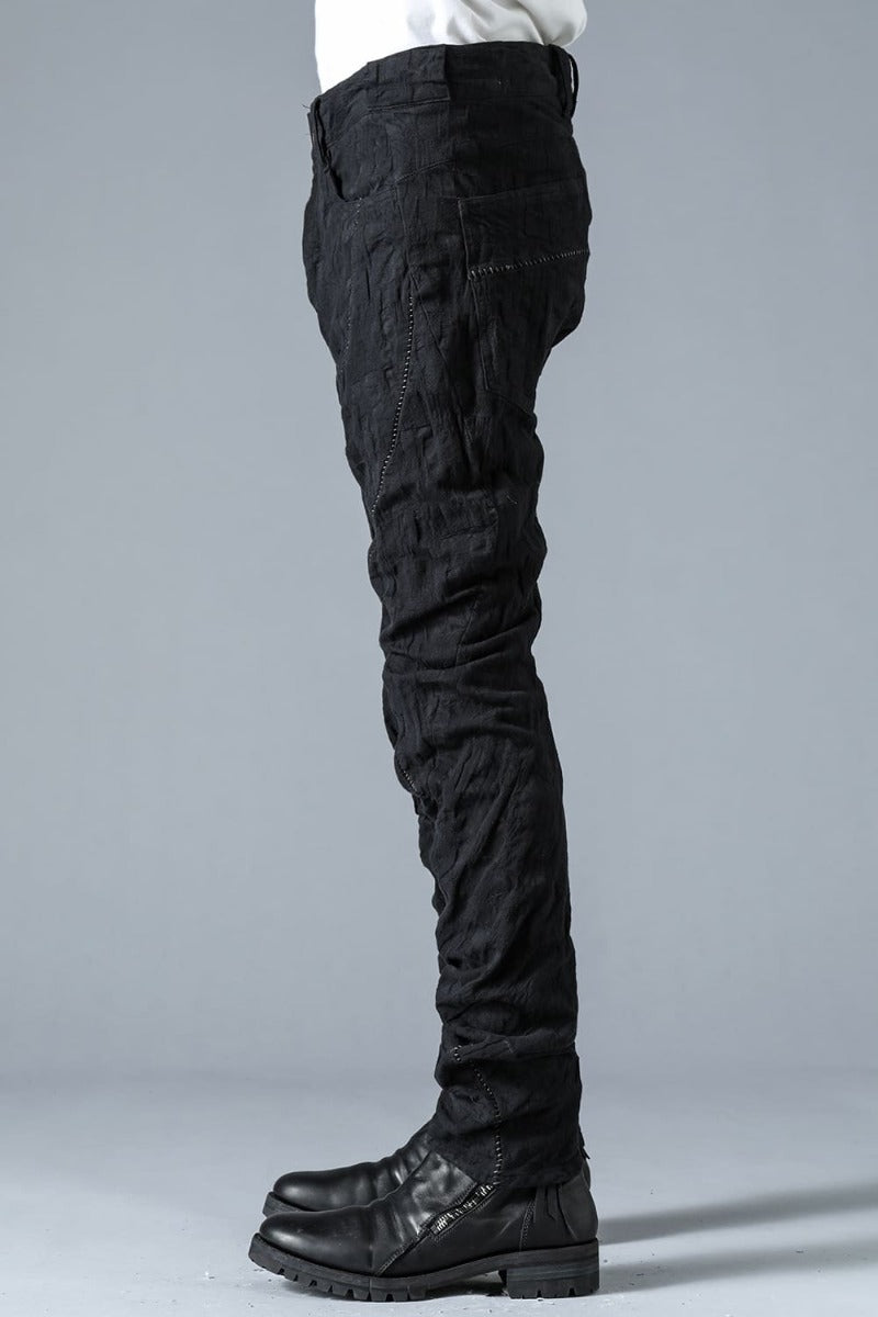 SCAB Patchwork Jacquard Stretch Cotton Overlock Twisted Curved Slim Pants Black